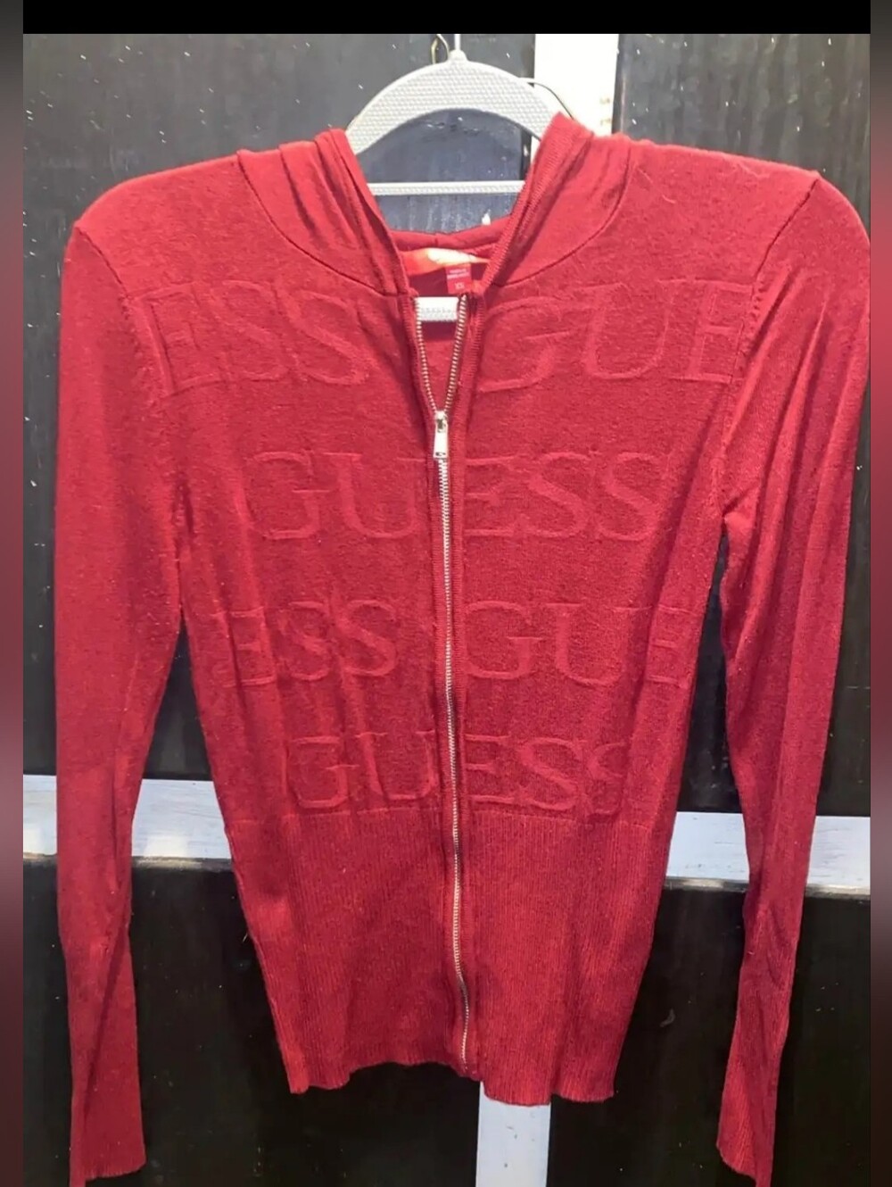 CUTE Guess Red Zip-Up Sweater Hoodie-XS-EUC